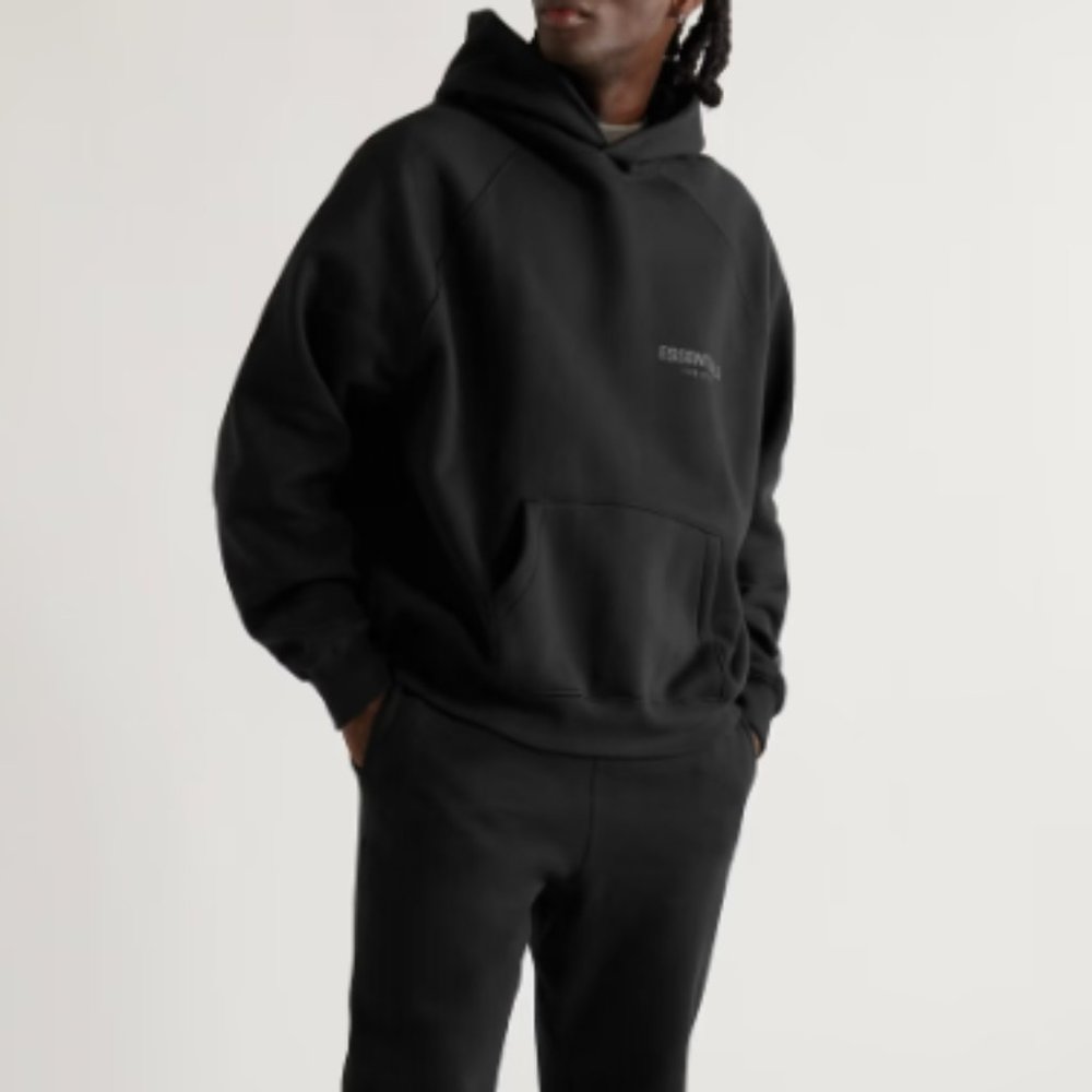 Fear of God Essentials Logo Print Pullover Jersey Hoodie Black Size XL